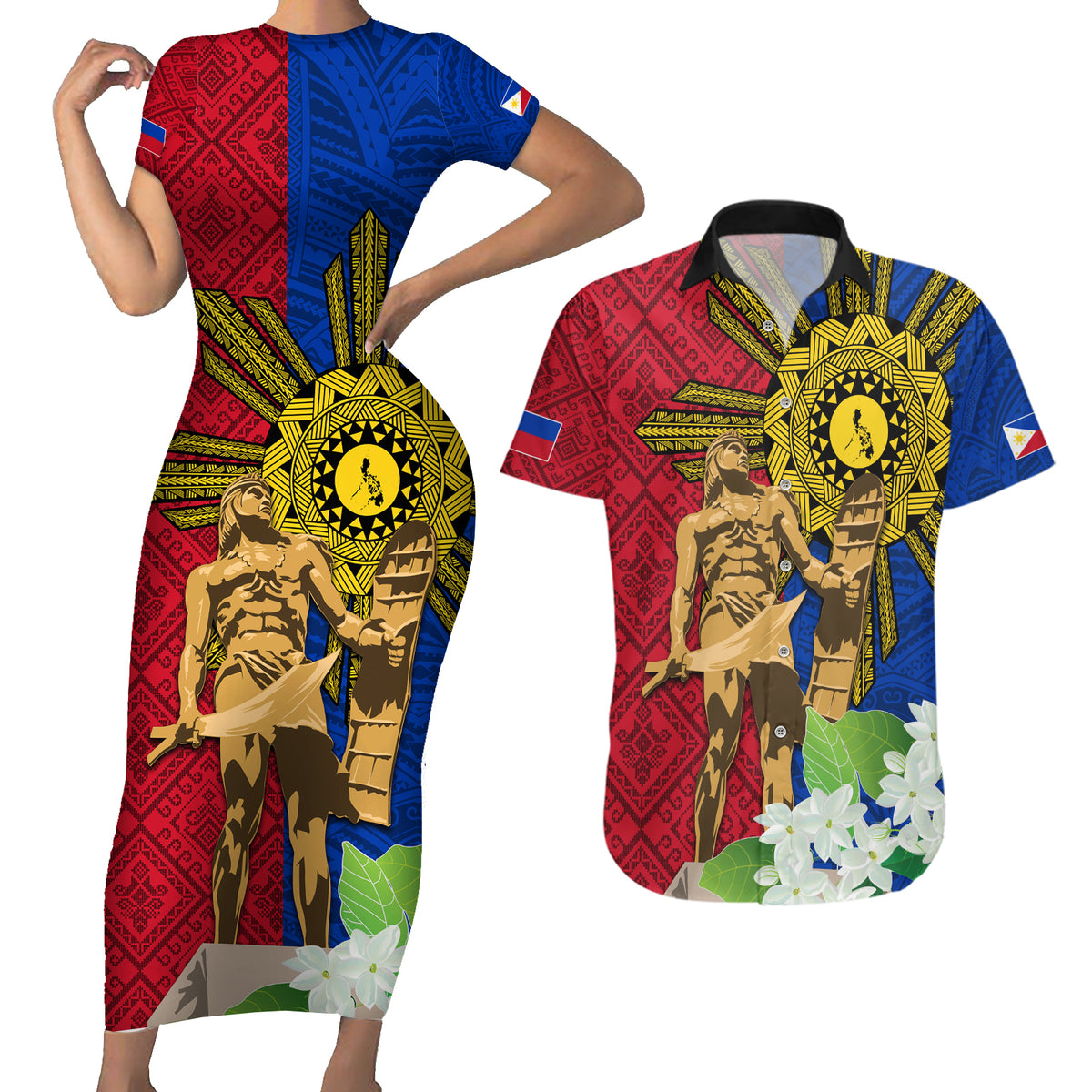 Philippines Lapu Lapu King Jasmine Flowers Couples Matching Short Sleeve Bodycon Dress and Hawaiian Shirt Filipino Sun Tattoo LT03 Red - Polynesian Pride