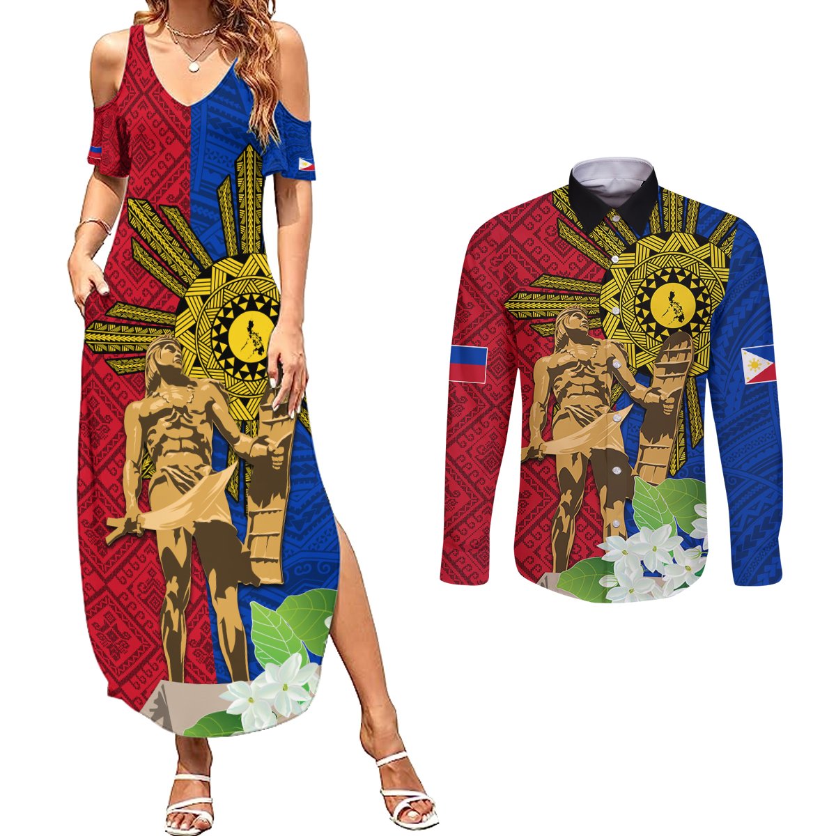 Philippines Lapu Lapu King Jasmine Flowers Couples Matching Summer Maxi Dress and Long Sleeve Button Shirt Filipino Sun Tattoo LT03 Red - Polynesian Pride