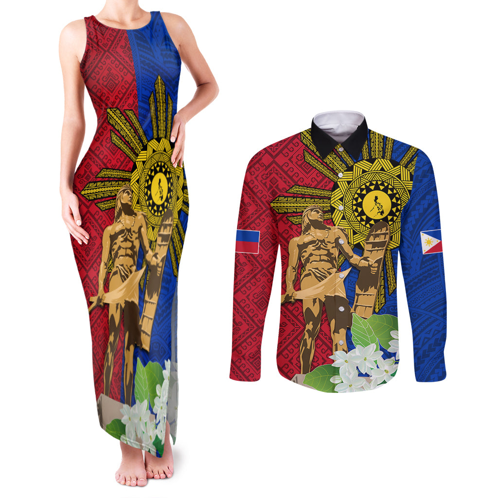 Philippines Lapu Lapu King Jasmine Flowers Couples Matching Tank Maxi Dress and Long Sleeve Button Shirt Filipino Sun Tattoo LT03 Red - Polynesian Pride