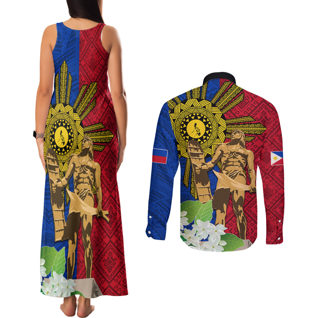 Philippines Lapu Lapu King Jasmine Flowers Couples Matching Tank Maxi Dress and Long Sleeve Button Shirt Filipino Sun Tattoo LT03 - Polynesian Pride