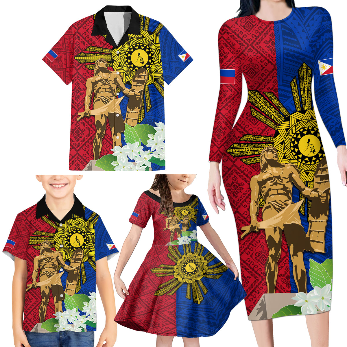 Philippines Lapu Lapu King Jasmine Flowers Family Matching Long Sleeve Bodycon Dress and Hawaiian Shirt Filipino Sun Tattoo LT03 - Polynesian Pride