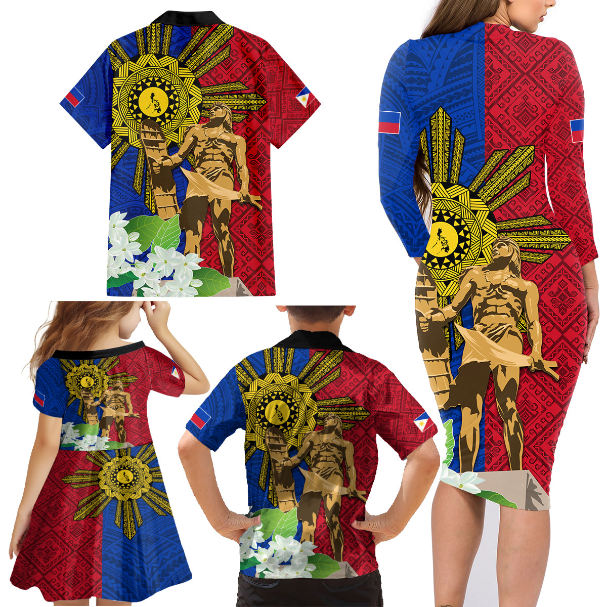 Philippines Lapu Lapu King Jasmine Flowers Family Matching Long Sleeve Bodycon Dress and Hawaiian Shirt Filipino Sun Tattoo LT03 - Polynesian Pride