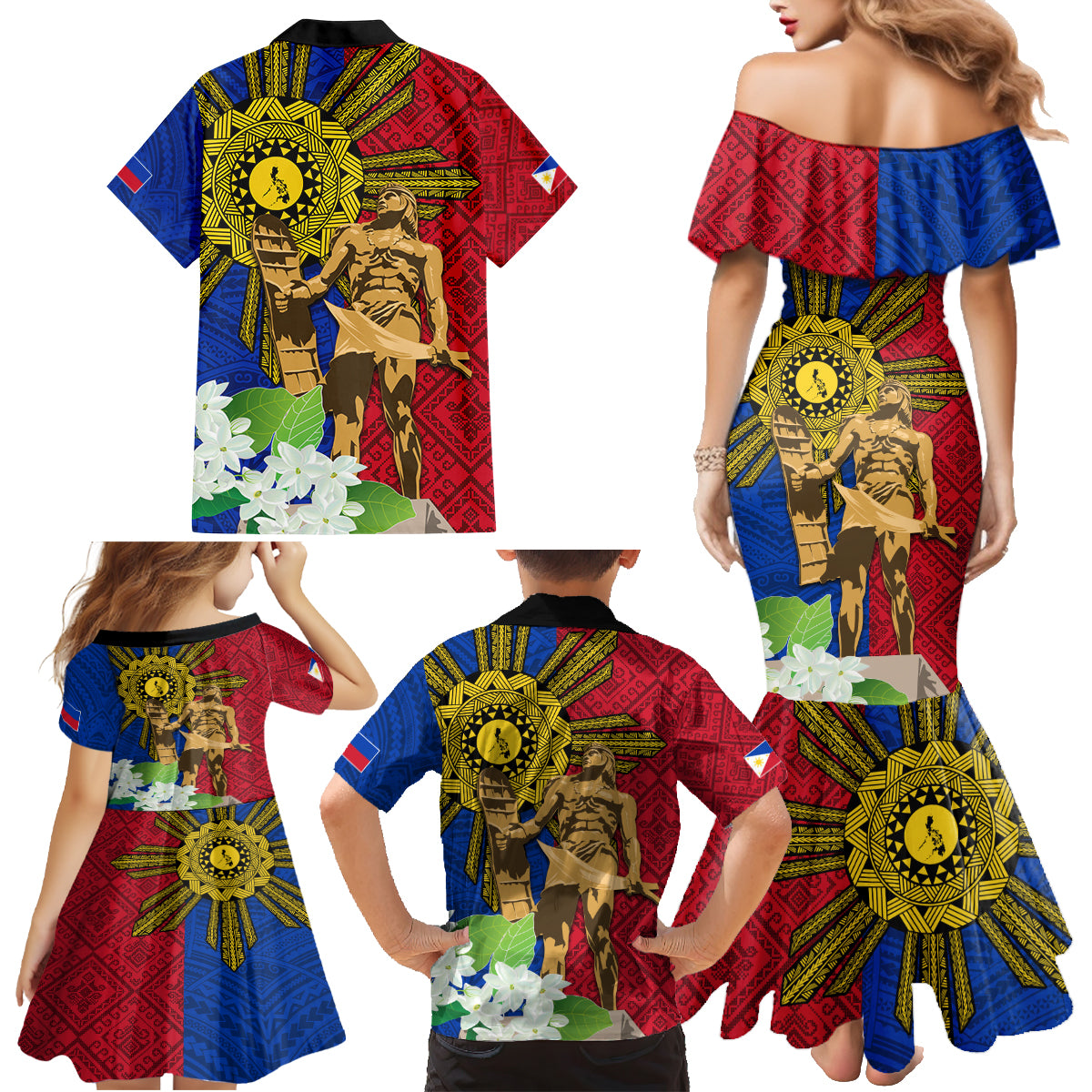 Philippines Lapu Lapu King Jasmine Flowers Family Matching Mermaid Dress and Hawaiian Shirt Filipino Sun Tattoo LT03 - Polynesian Pride