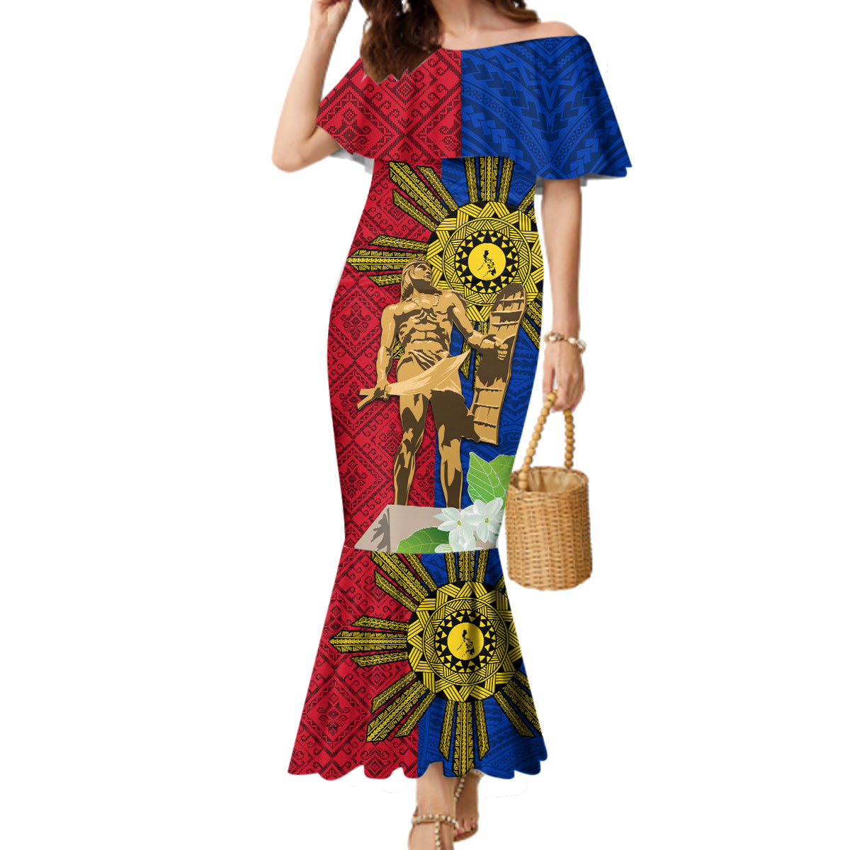 Philippines Lapu Lapu King Jasmine Flowers Family Matching Mermaid Dress and Hawaiian Shirt Filipino Sun Tattoo LT03 Mom's Dress Red - Polynesian Pride