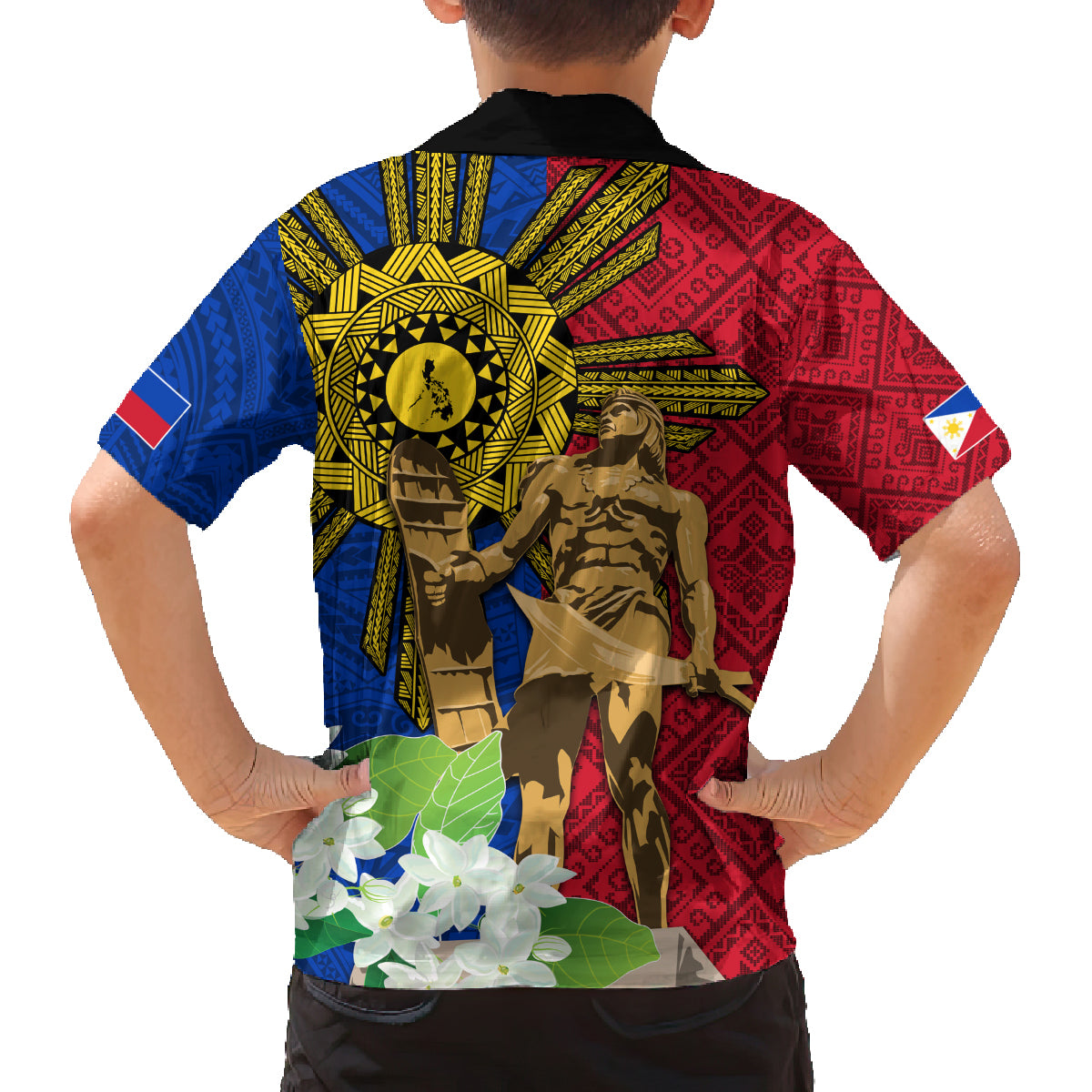 Philippines Lapu Lapu King Jasmine Flowers Family Matching Off The Shoulder Long Sleeve Dress and Hawaiian Shirt Filipino Sun Tattoo LT03 - Polynesian Pride