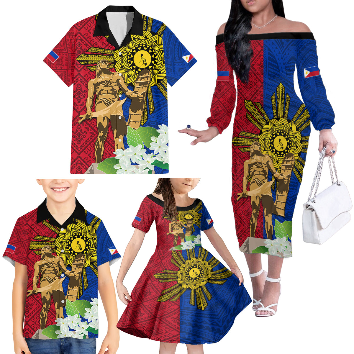 Philippines Lapu Lapu King Jasmine Flowers Family Matching Off The Shoulder Long Sleeve Dress and Hawaiian Shirt Filipino Sun Tattoo LT03 - Polynesian Pride