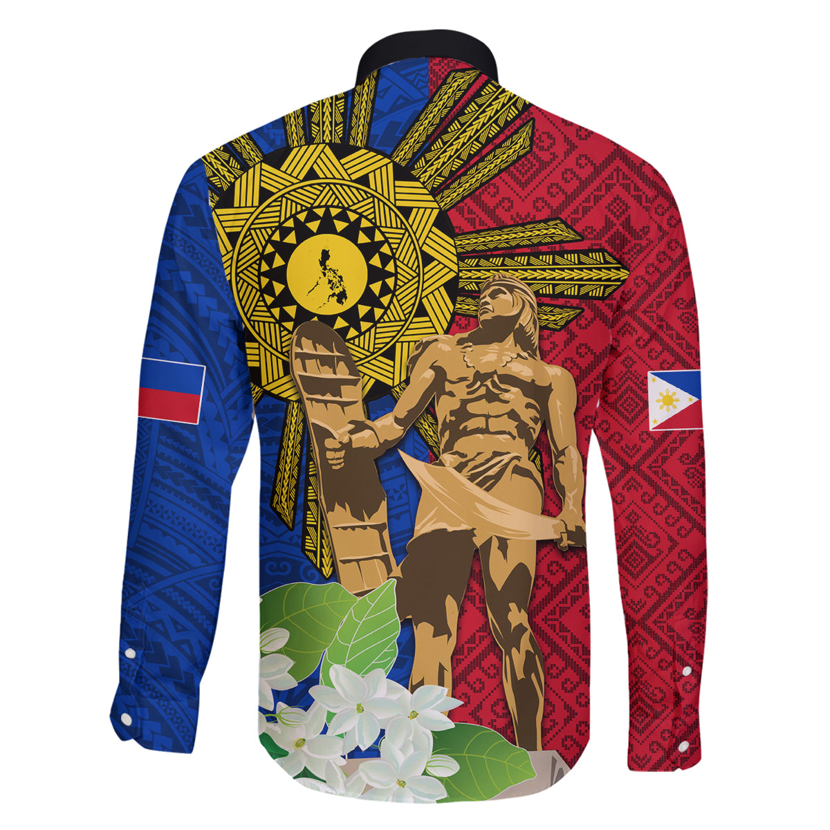 Philippines Lapu Lapu King Jasmine Flowers Family Matching Off The Shoulder Long Sleeve Dress and Hawaiian Shirt Filipino Sun Tattoo LT03 - Polynesian Pride