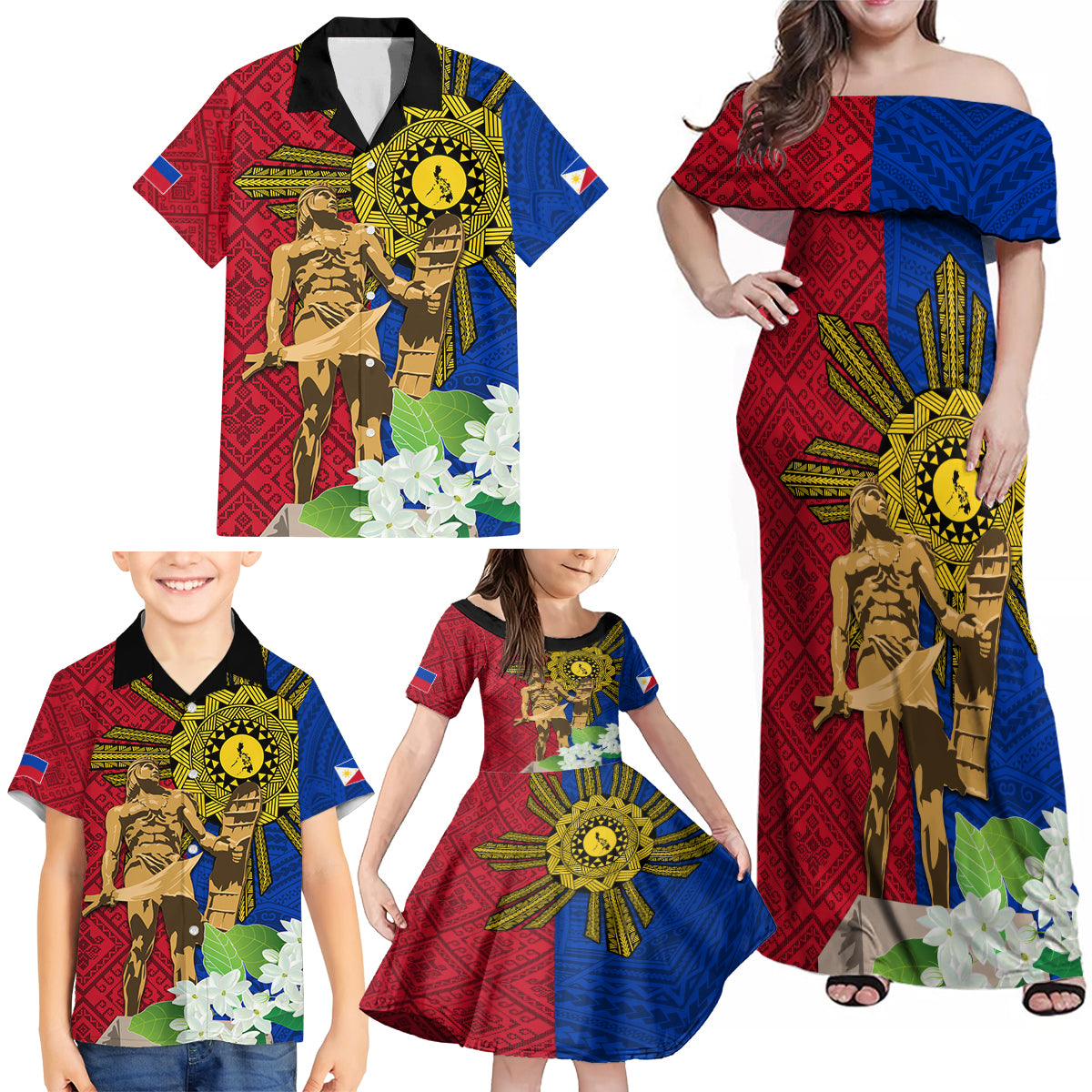 Philippines Lapu Lapu King Jasmine Flowers Family Matching Off Shoulder Maxi Dress and Hawaiian Shirt Filipino Sun Tattoo LT03 - Polynesian Pride