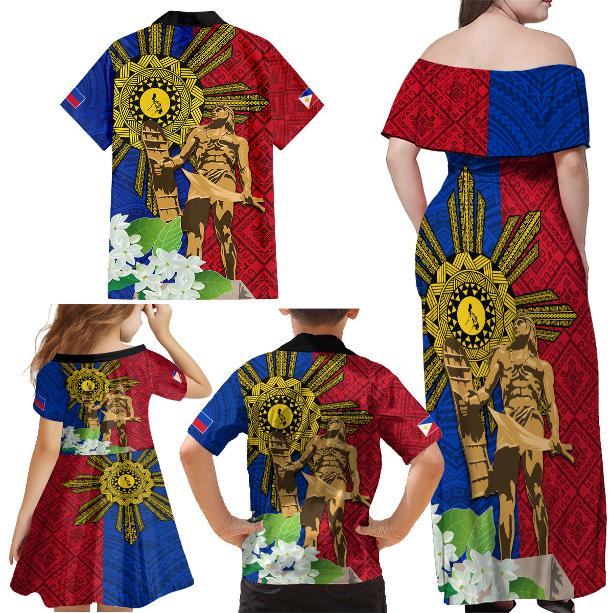 Philippines Lapu Lapu King Jasmine Flowers Family Matching Off Shoulder Maxi Dress and Hawaiian Shirt Filipino Sun Tattoo LT03 - Polynesian Pride