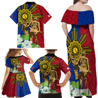 Philippines Lapu Lapu King Jasmine Flowers Family Matching Off Shoulder Maxi Dress and Hawaiian Shirt Filipino Sun Tattoo LT03 - Polynesian Pride