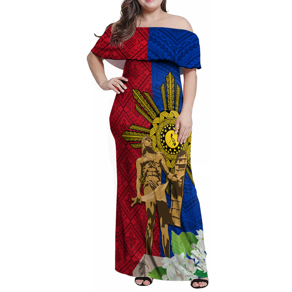 Philippines Lapu Lapu King Jasmine Flowers Family Matching Off Shoulder Maxi Dress and Hawaiian Shirt Filipino Sun Tattoo LT03 Mom's Dress Red - Polynesian Pride