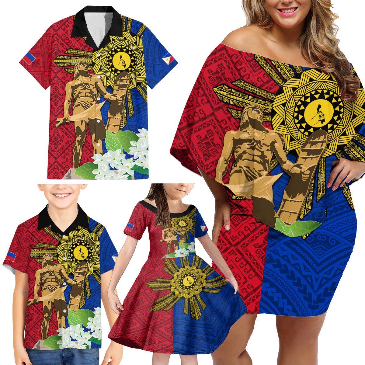 Philippines Lapu Lapu King Jasmine Flowers Family Matching Off Shoulder Short Dress and Hawaiian Shirt Filipino Sun Tattoo LT03 - Polynesian Pride