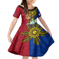 Philippines Lapu Lapu King Jasmine Flowers Family Matching Puletasi and Hawaiian Shirt Filipino Sun Tattoo LT03 Daughter's Dress Red - Polynesian Pride