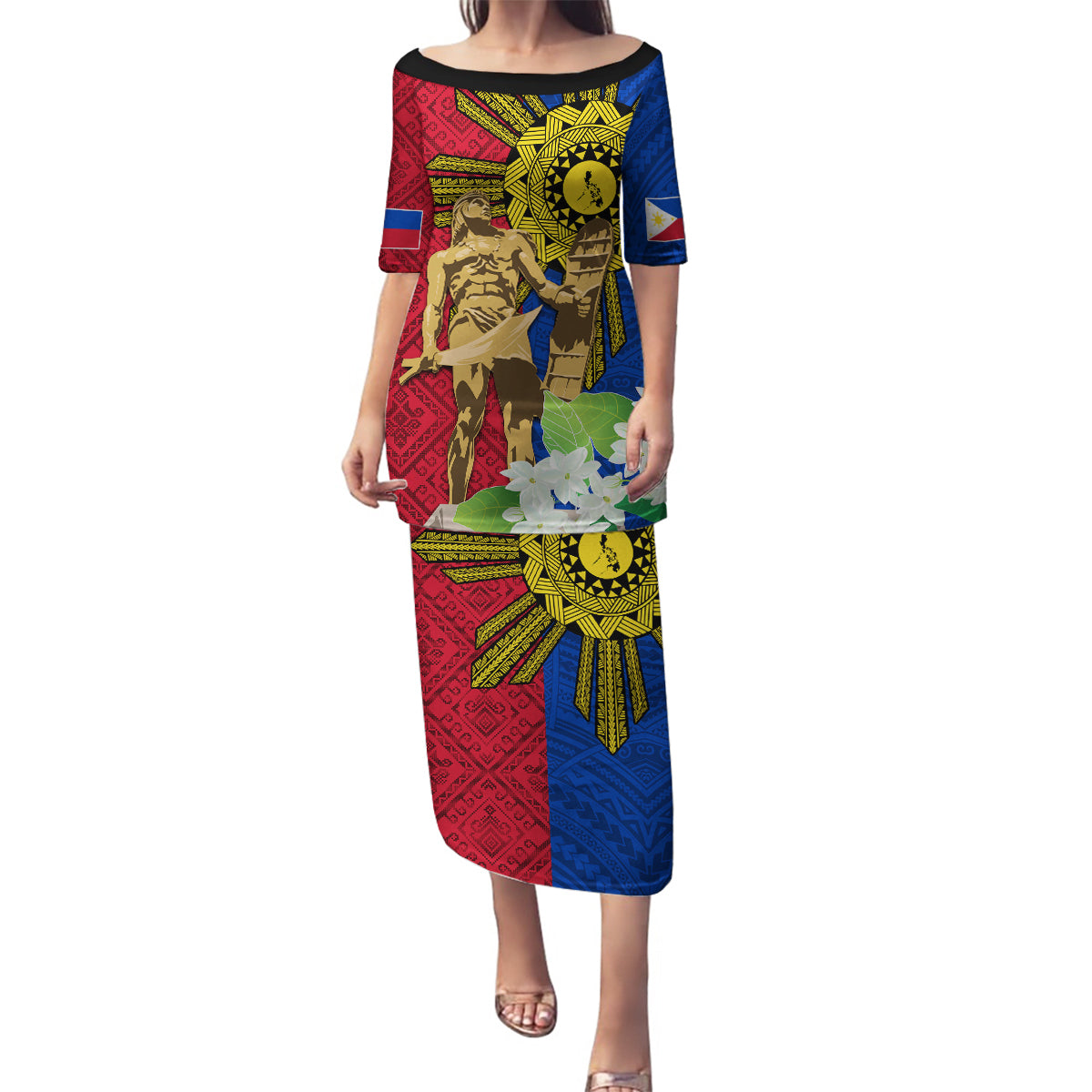 Philippines Lapu Lapu King Jasmine Flowers Family Matching Puletasi and Hawaiian Shirt Filipino Sun Tattoo LT03 Mom's Dress Red - Polynesian Pride