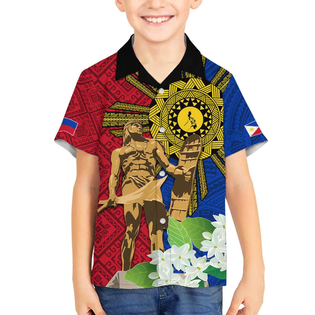 Philippines Lapu Lapu King Jasmine Flowers Family Matching Tank Maxi Dress and Hawaiian Shirt Filipino Sun Tattoo LT03 Son's Shirt Red - Polynesian Pride