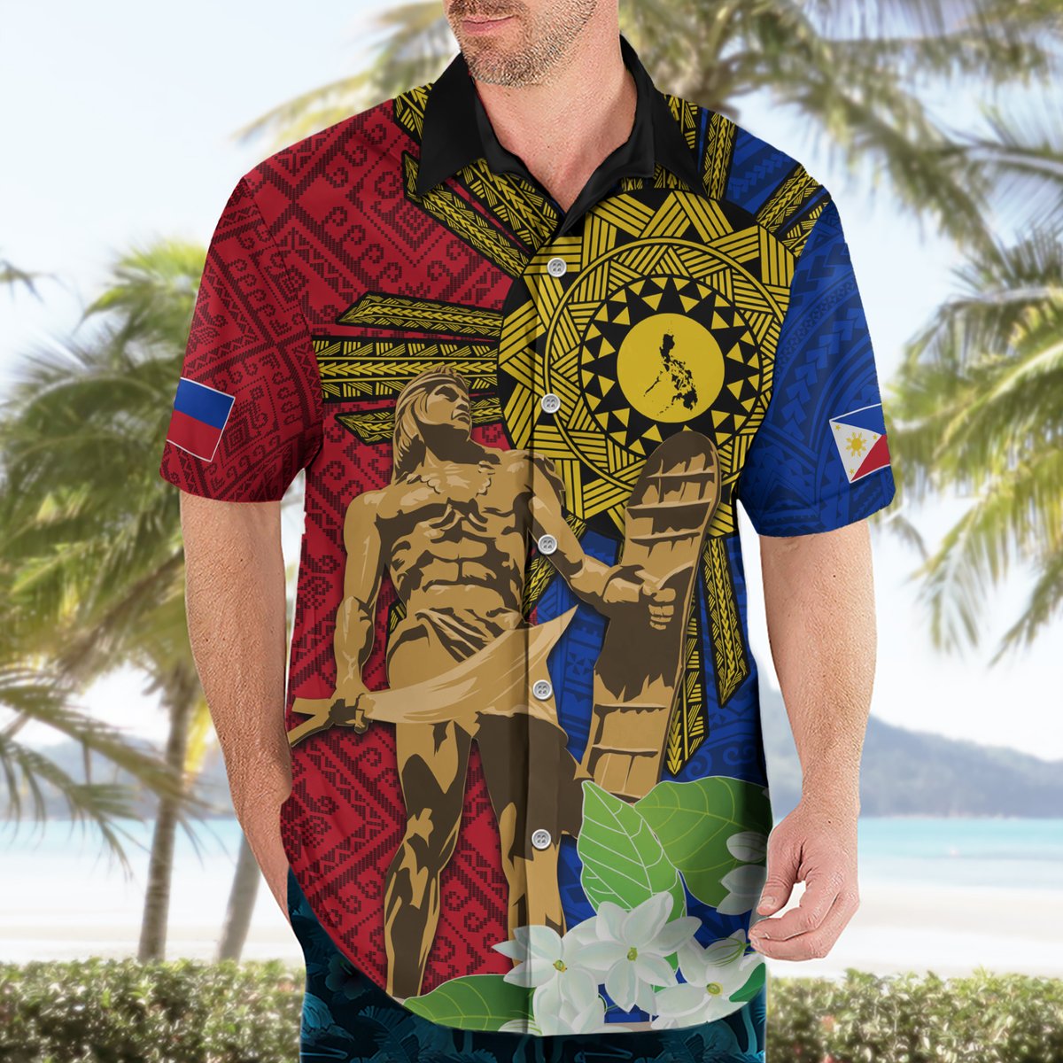 Philippines Lapu Lapu King Jasmine Flowers Hawaiian Shirt Filipino Sun Tattoo