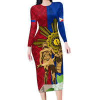 Philippines Lapu Lapu King Jasmine Flowers Long Sleeve Bodycon Dress Filipino Sun Tattoo LT03 Long Dress Red - Polynesian Pride
