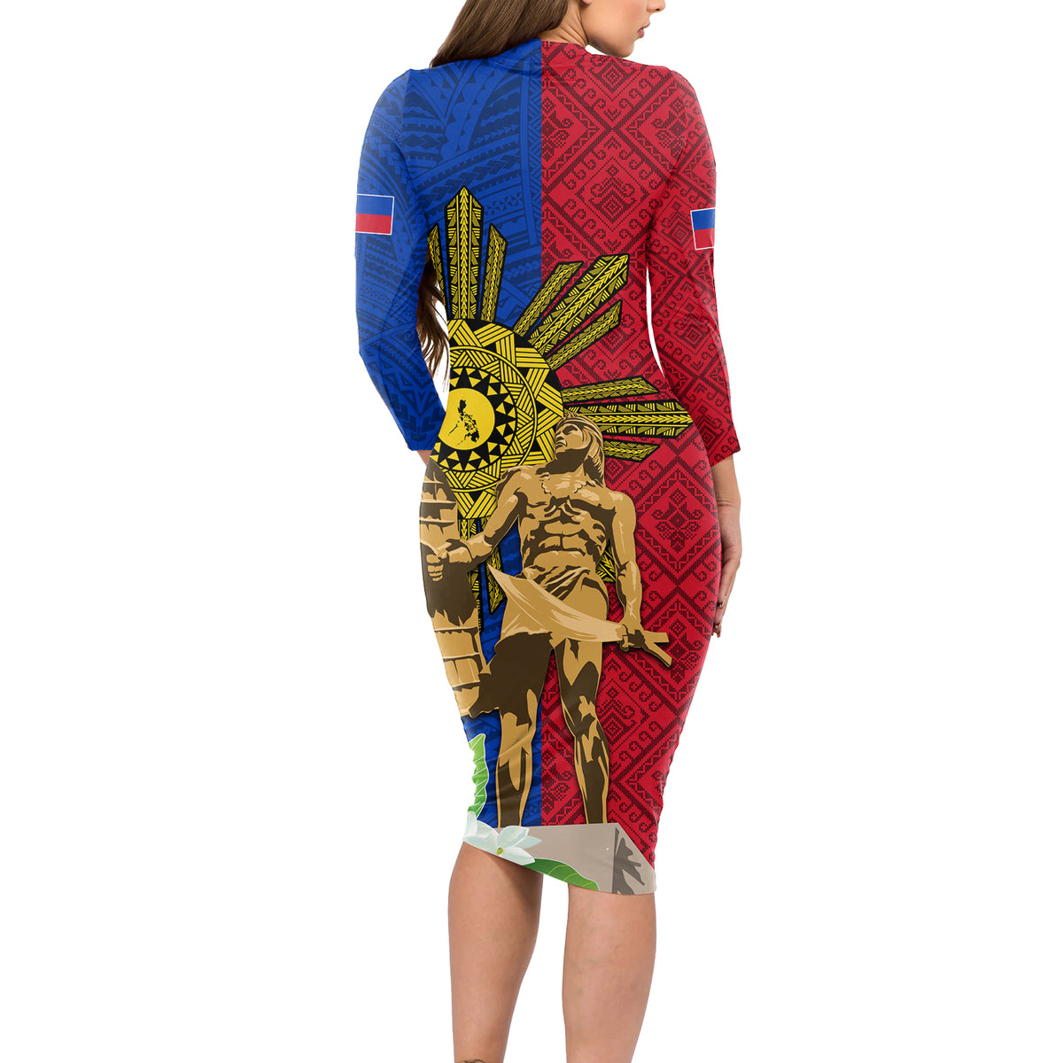 Philippines Lapu Lapu King Jasmine Flowers Long Sleeve Bodycon Dress Filipino Sun Tattoo LT03 - Polynesian Pride