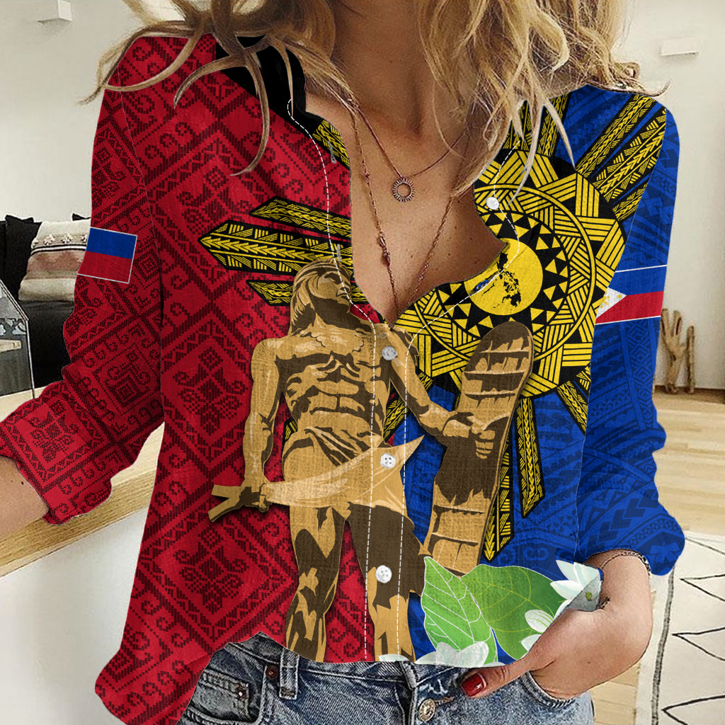 Philippines Lapu Lapu King Jasmine Flowers Women Casual Shirt Filipino Sun Tattoo LT03 Female Red - Polynesian Pride