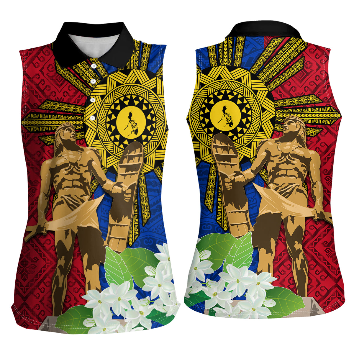 Philippines Lapu Lapu King Jasmine Flowers Women Sleeveless Polo Shirt Filipino Sun Tattoo LT03 - Polynesian Pride