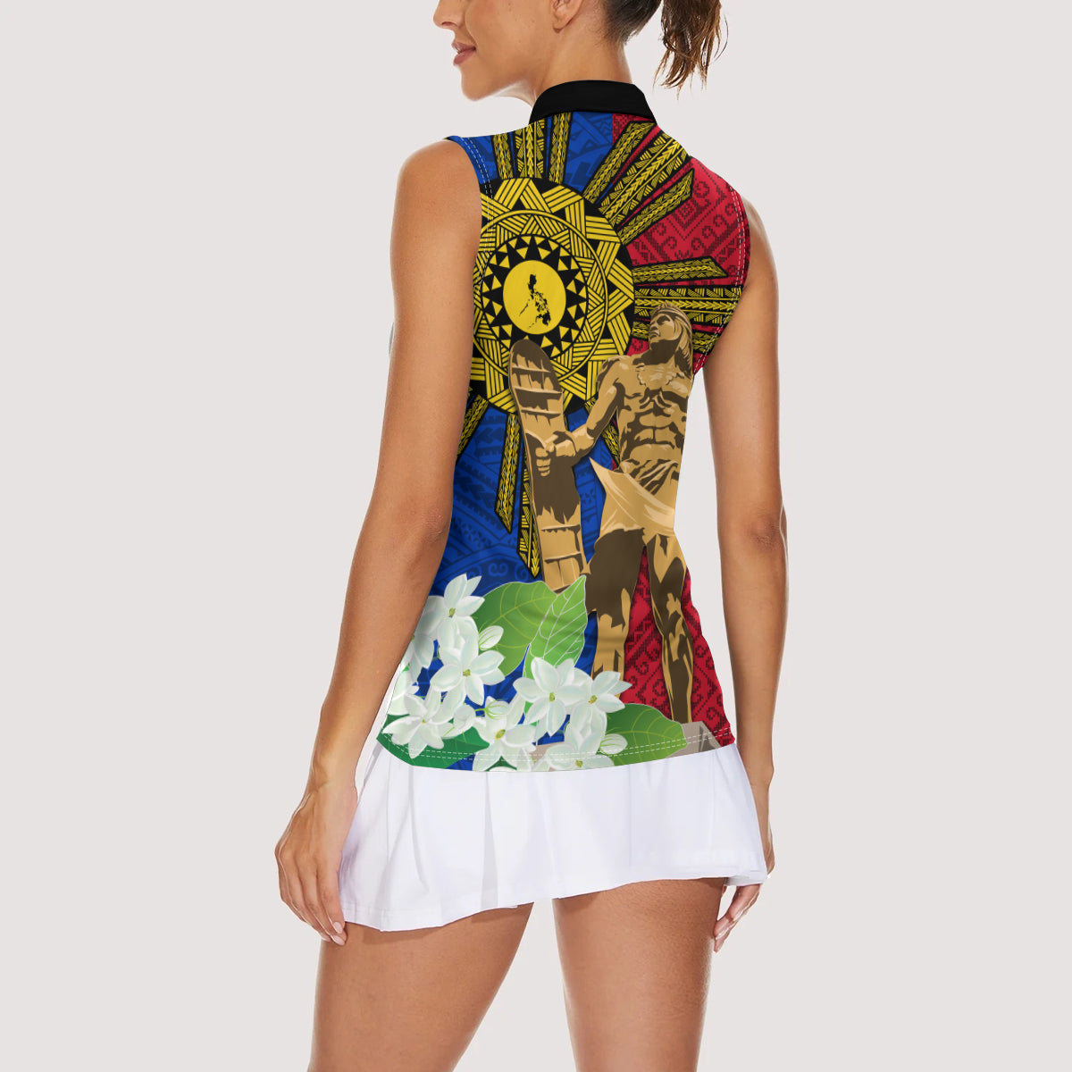 Philippines Lapu Lapu King Jasmine Flowers Women Sleeveless Polo Shirt Filipino Sun Tattoo LT03 - Polynesian Pride
