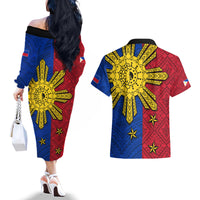 Philippines Sun Batok Tattoo Couples Matching Off The Shoulder Long Sleeve Dress and Hawaiian Shirt Polynesian and Yakan Pattern LT03 - Polynesian Pride