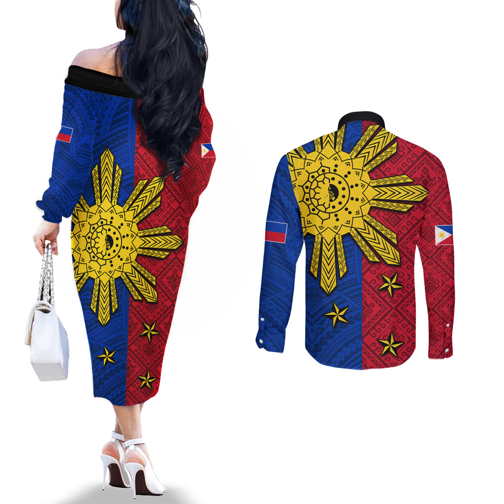 Philippines Sun Batok Tattoo Couples Matching Off The Shoulder Long Sleeve Dress and Long Sleeve Button Shirt Polynesian and Yakan Pattern
