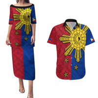 Philippines Sun Batok Tattoo Couples Matching Puletasi and Hawaiian Shirt Polynesian and Yakan Pattern