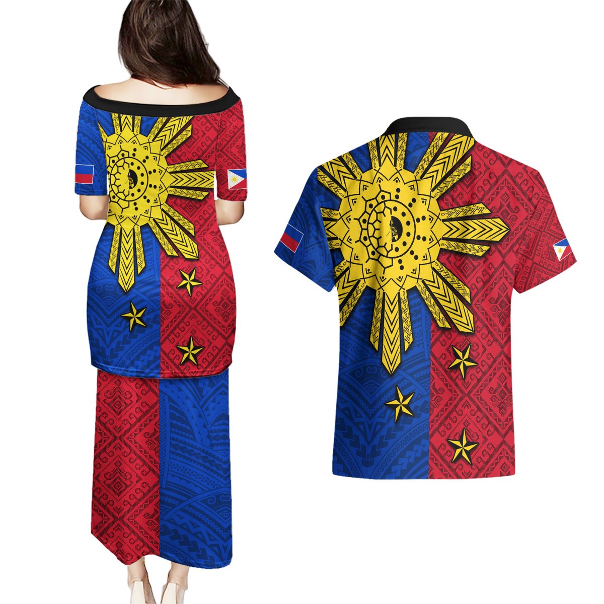 Philippines Sun Batok Tattoo Couples Matching Puletasi and Hawaiian Shirt Polynesian and Yakan Pattern