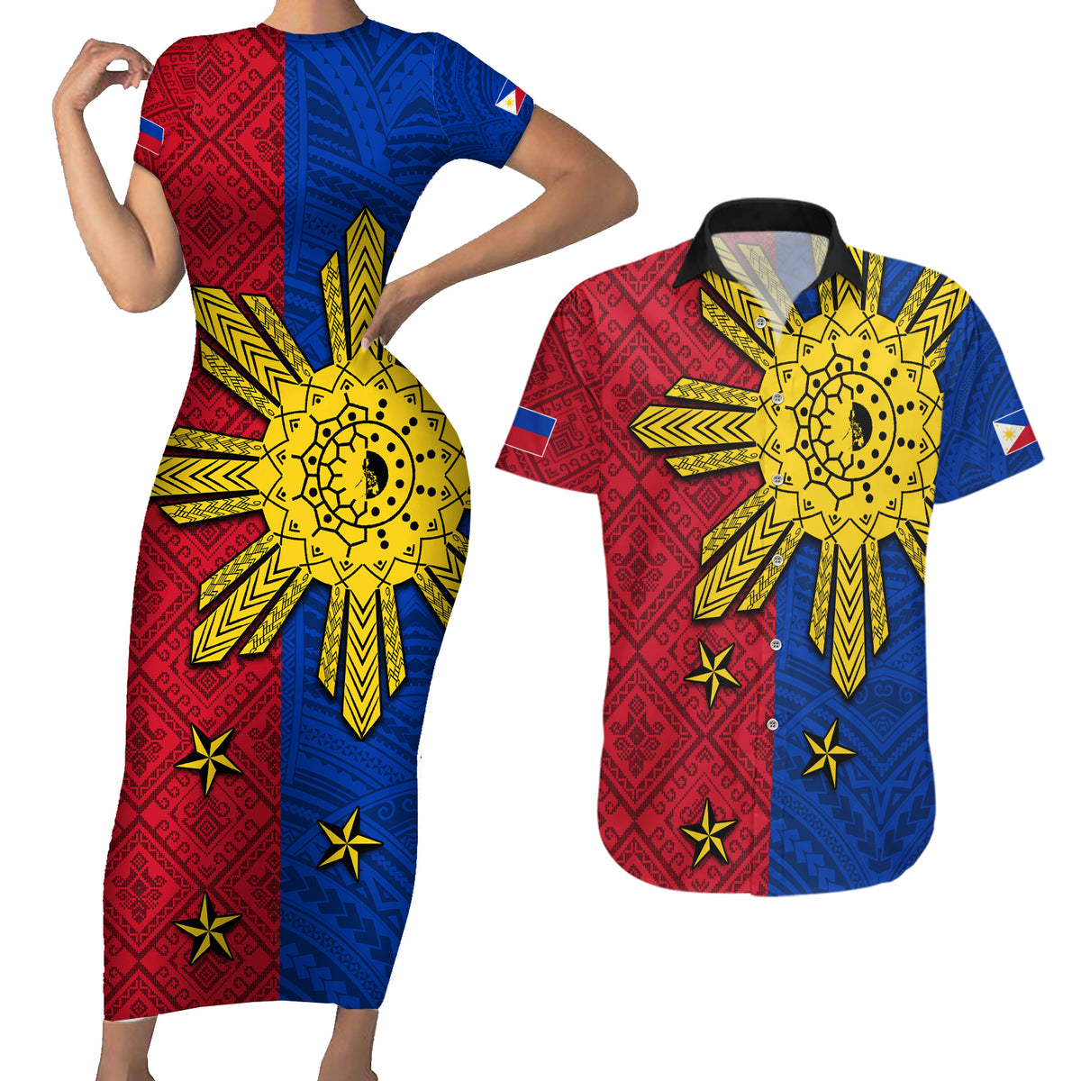 Philippines Sun Batok Tattoo Couples Matching Short Sleeve Bodycon Dress and Hawaiian Shirt Polynesian and Yakan Pattern LT03 Red - Polynesian Pride