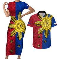 Philippines Sun Batok Tattoo Couples Matching Short Sleeve Bodycon Dress and Hawaiian Shirt Polynesian and Yakan Pattern LT03 Red - Polynesian Pride
