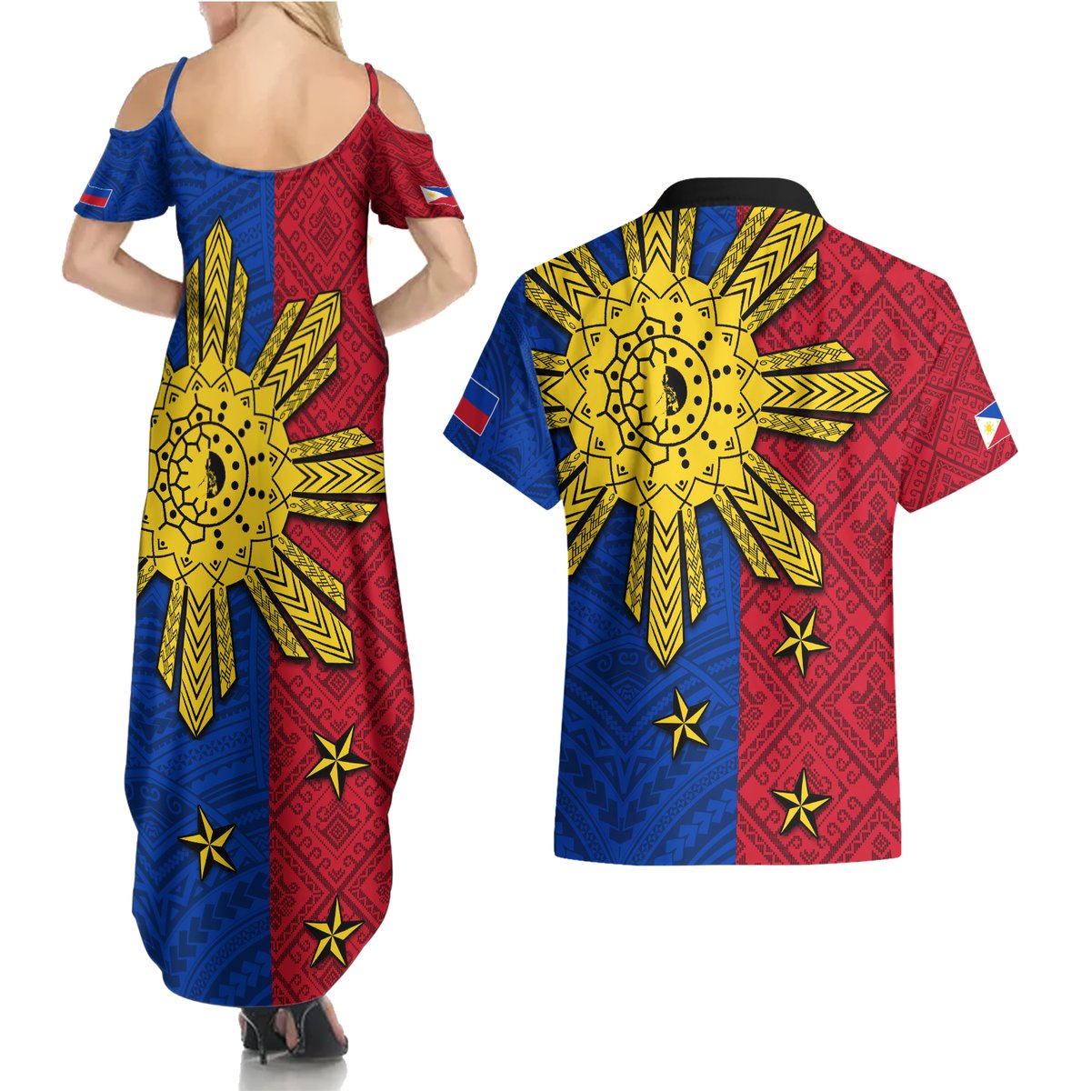 Philippines Sun Batok Tattoo Couples Matching Summer Maxi Dress and Hawaiian Shirt Polynesian and Yakan Pattern