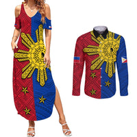 Philippines Sun Batok Tattoo Couples Matching Summer Maxi Dress and Long Sleeve Button Shirt Polynesian and Yakan Pattern