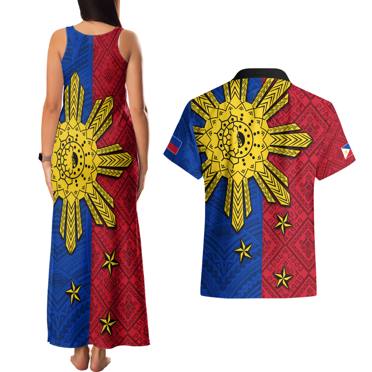 Philippines Sun Batok Tattoo Couples Matching Tank Maxi Dress and Hawaiian Shirt Polynesian and Yakan Pattern