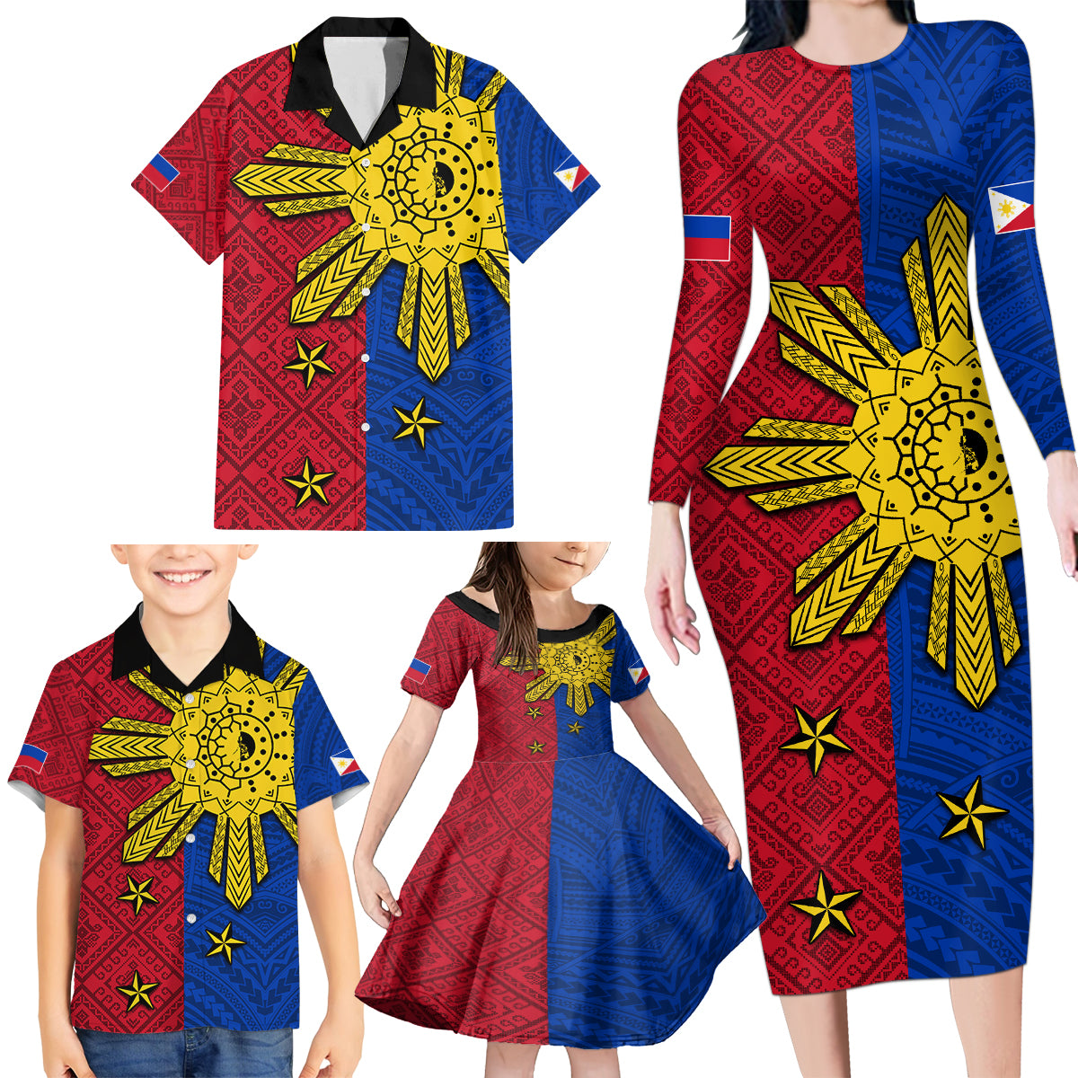 Philippines Sun Batok Tattoo Family Matching Long Sleeve Bodycon Dress and Hawaiian Shirt Polynesian and Yakan Pattern LT03 - Polynesian Pride