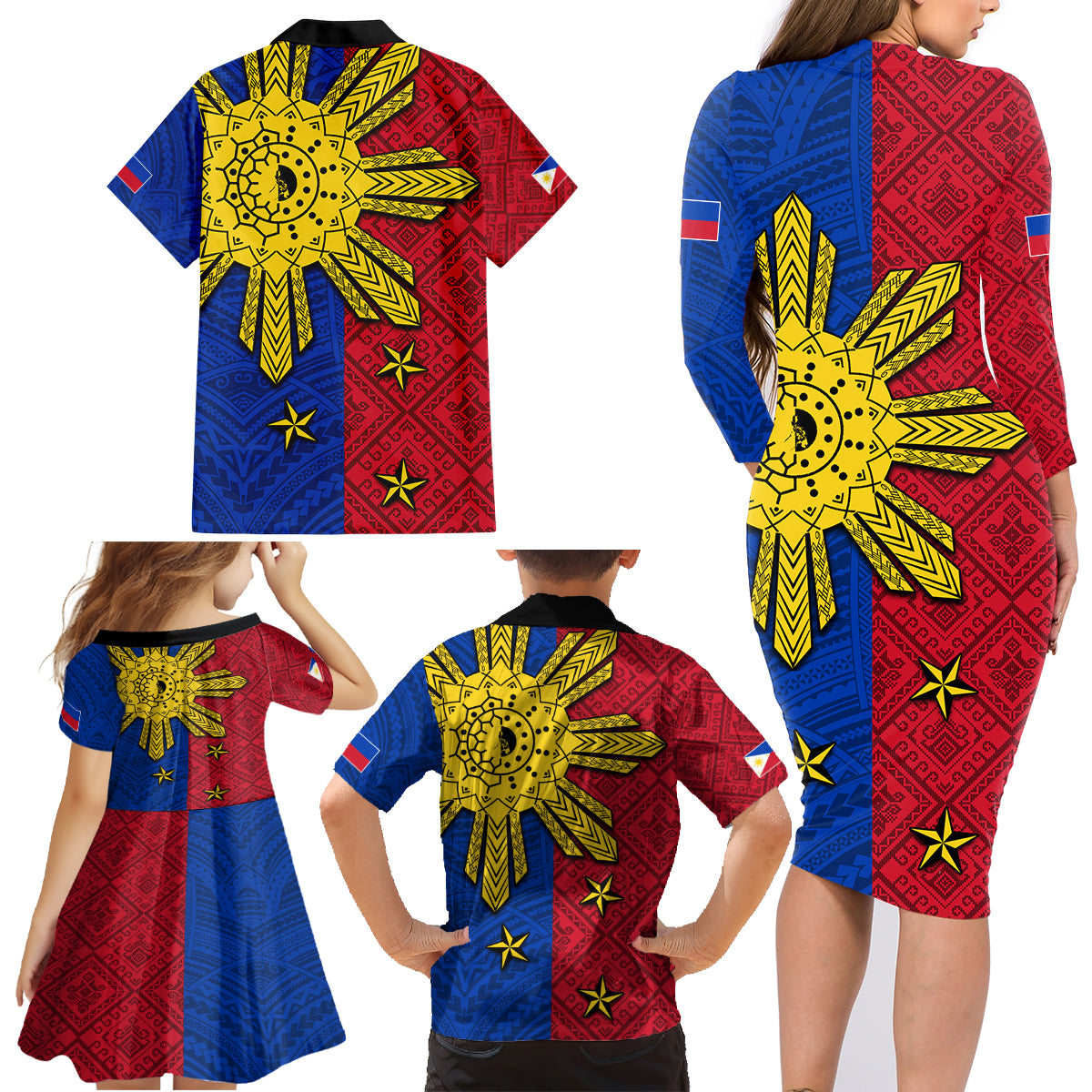 Philippines Sun Batok Tattoo Family Matching Long Sleeve Bodycon Dress and Hawaiian Shirt Polynesian and Yakan Pattern LT03 - Polynesian Pride