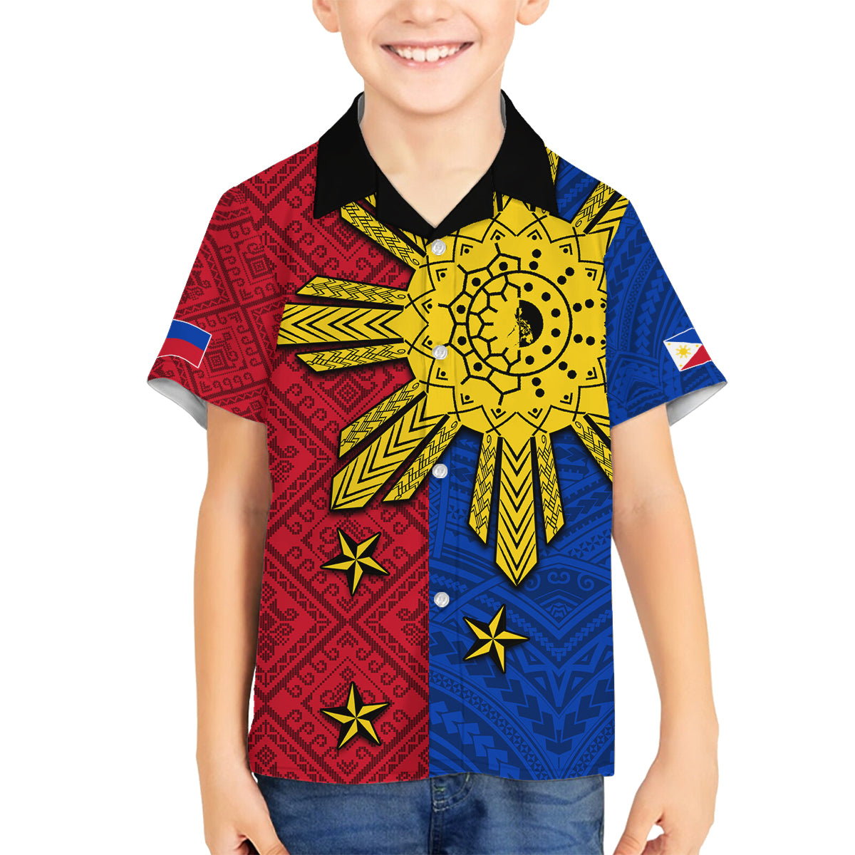 Philippines Sun Batok Tattoo Family Matching Long Sleeve Bodycon Dress and Hawaiian Shirt Polynesian and Yakan Pattern LT03 Son's Shirt Red - Polynesian Pride