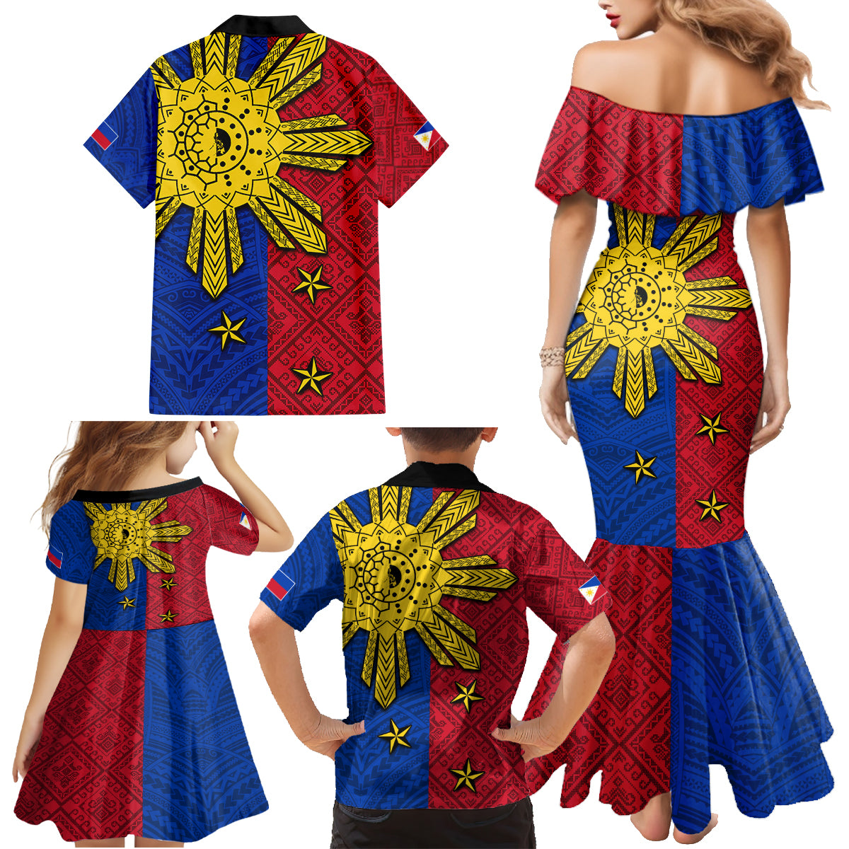 Philippines Sun Batok Tattoo Family Matching Mermaid Dress and Hawaiian Shirt Polynesian and Yakan Pattern LT03 - Polynesian Pride