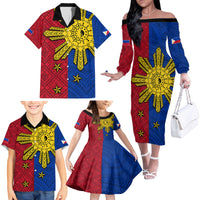 Philippines Sun Batok Tattoo Family Matching Off The Shoulder Long Sleeve Dress and Hawaiian Shirt Polynesian and Yakan Pattern LT03 - Polynesian Pride