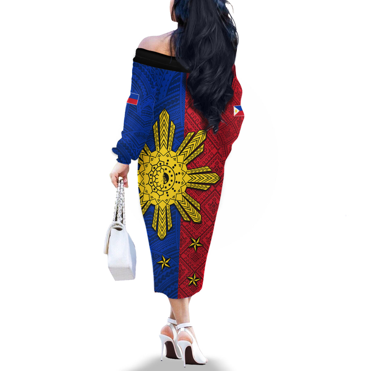 Philippines Sun Batok Tattoo Family Matching Off The Shoulder Long Sleeve Dress and Hawaiian Shirt Polynesian and Yakan Pattern LT03 - Polynesian Pride
