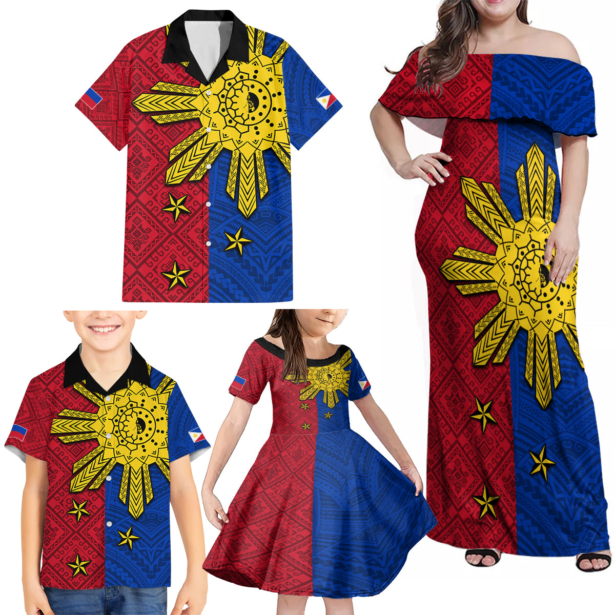 Philippines Sun Batok Tattoo Family Matching Off Shoulder Maxi Dress and Hawaiian Shirt Polynesian and Yakan Pattern LT03 - Polynesian Pride