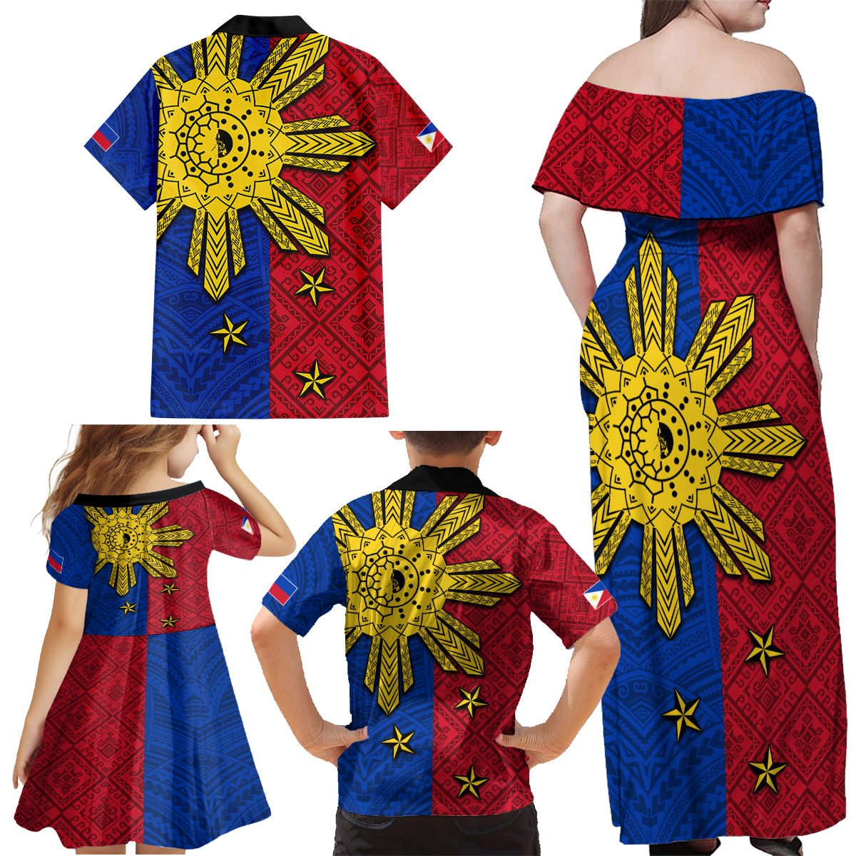 Philippines Sun Batok Tattoo Family Matching Off Shoulder Maxi Dress and Hawaiian Shirt Polynesian and Yakan Pattern LT03 - Polynesian Pride