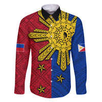 Philippines Sun Batok Tattoo Family Matching Off Shoulder Maxi Dress and Hawaiian Shirt Polynesian and Yakan Pattern LT03 Dad's Shirt - Long Sleeve Red - Polynesian Pride