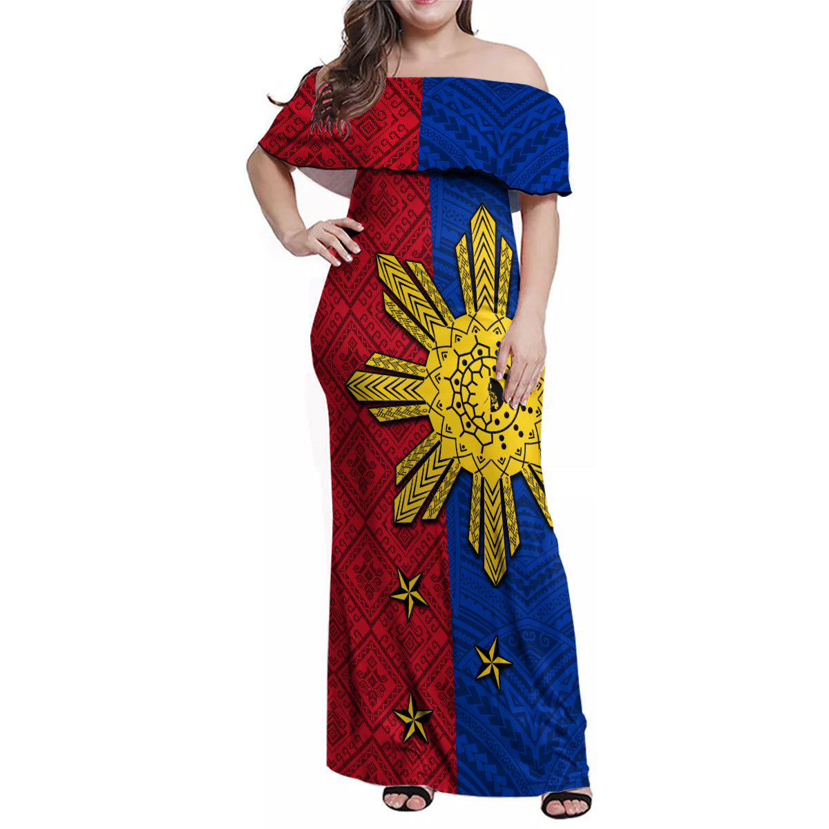 Philippines Sun Batok Tattoo Family Matching Off Shoulder Maxi Dress and Hawaiian Shirt Polynesian and Yakan Pattern LT03 Mom's Dress Red - Polynesian Pride