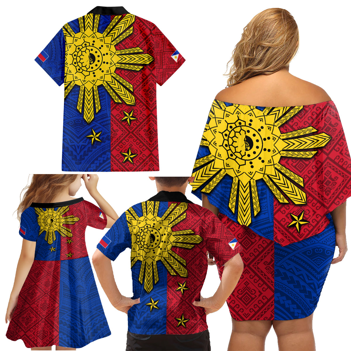 Philippines Sun Batok Tattoo Family Matching Off Shoulder Short Dress and Hawaiian Shirt Polynesian and Yakan Pattern LT03 - Polynesian Pride