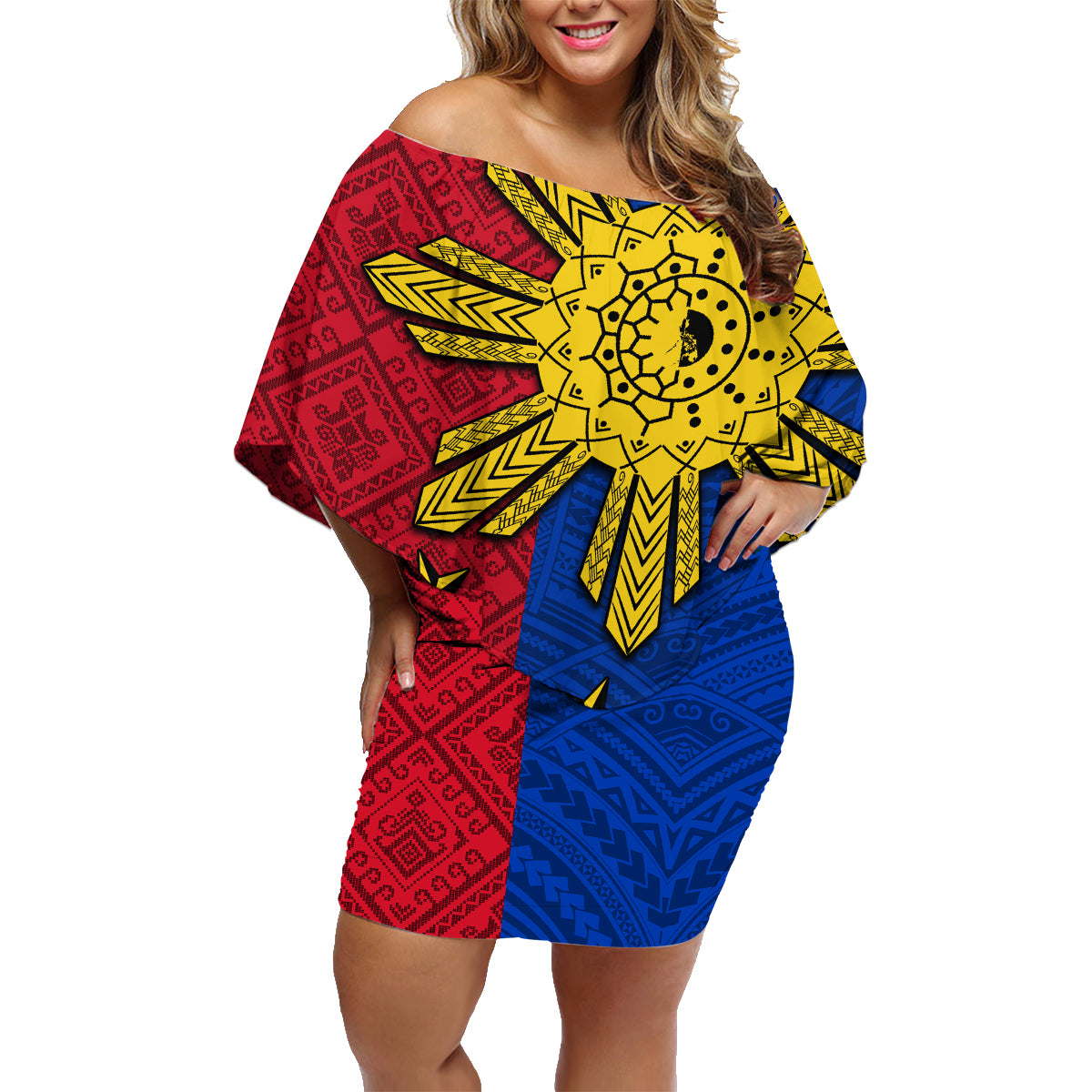 Philippines Sun Batok Tattoo Family Matching Off Shoulder Short Dress and Hawaiian Shirt Polynesian and Yakan Pattern LT03 Mom's Dress Red - Polynesian Pride