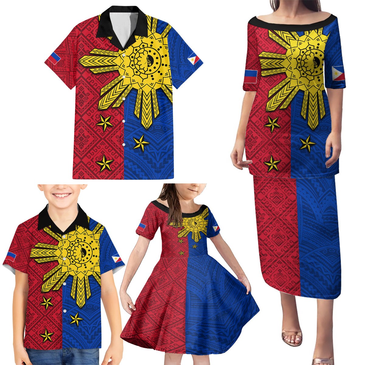 Philippines Sun Batok Tattoo Family Matching Puletasi and Hawaiian Shirt Polynesian and Yakan Pattern LT03 - Polynesian Pride