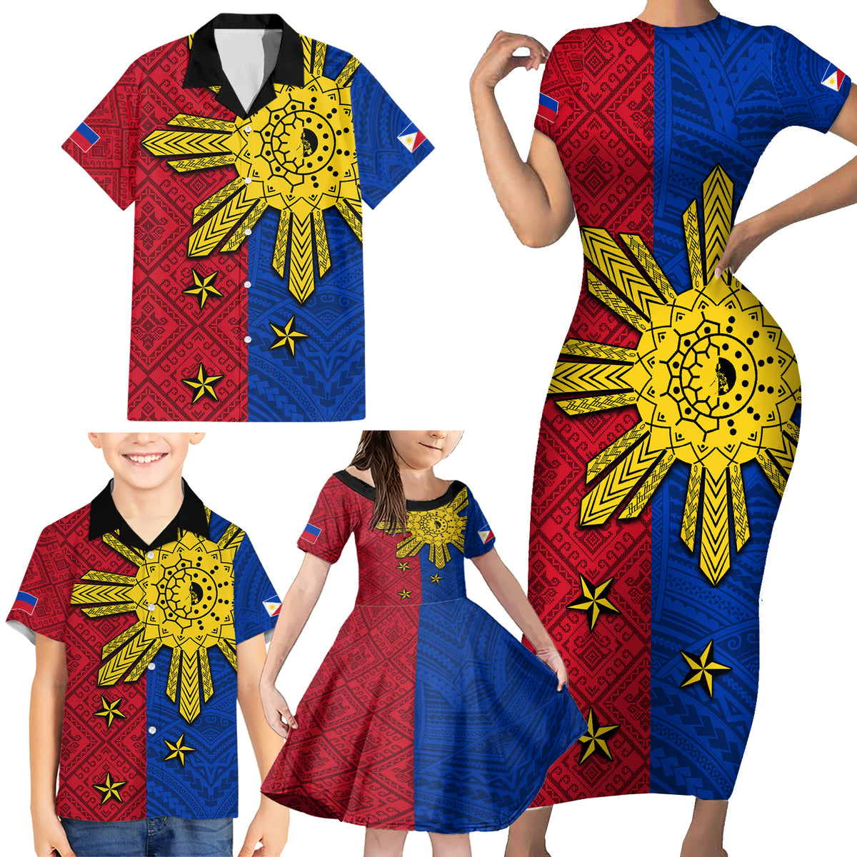 Philippines Sun Batok Tattoo Family Matching Short Sleeve Bodycon Dress and Hawaiian Shirt Polynesian and Yakan Pattern LT03 - Polynesian Pride