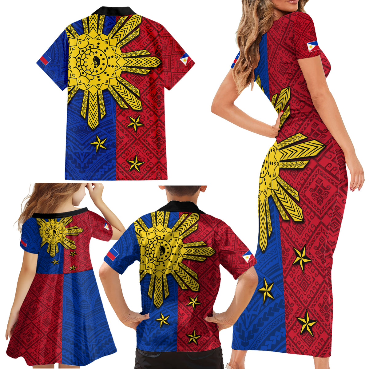Philippines Sun Batok Tattoo Family Matching Short Sleeve Bodycon Dress and Hawaiian Shirt Polynesian and Yakan Pattern LT03 - Polynesian Pride
