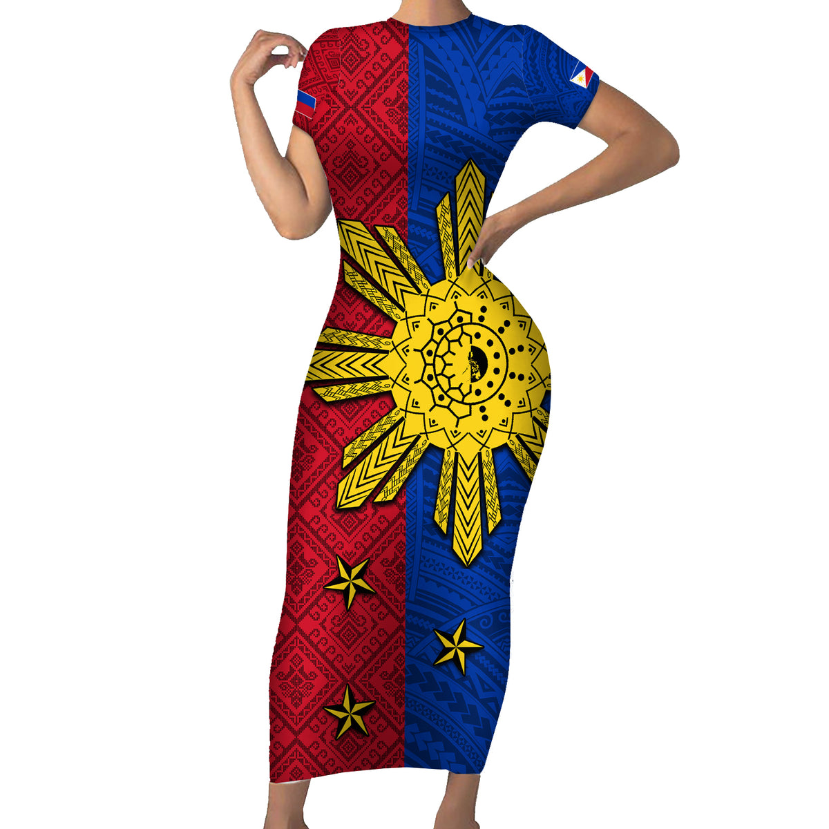 Philippines Sun Batok Tattoo Family Matching Short Sleeve Bodycon Dress and Hawaiian Shirt Polynesian and Yakan Pattern LT03 Mom's Dress Red - Polynesian Pride